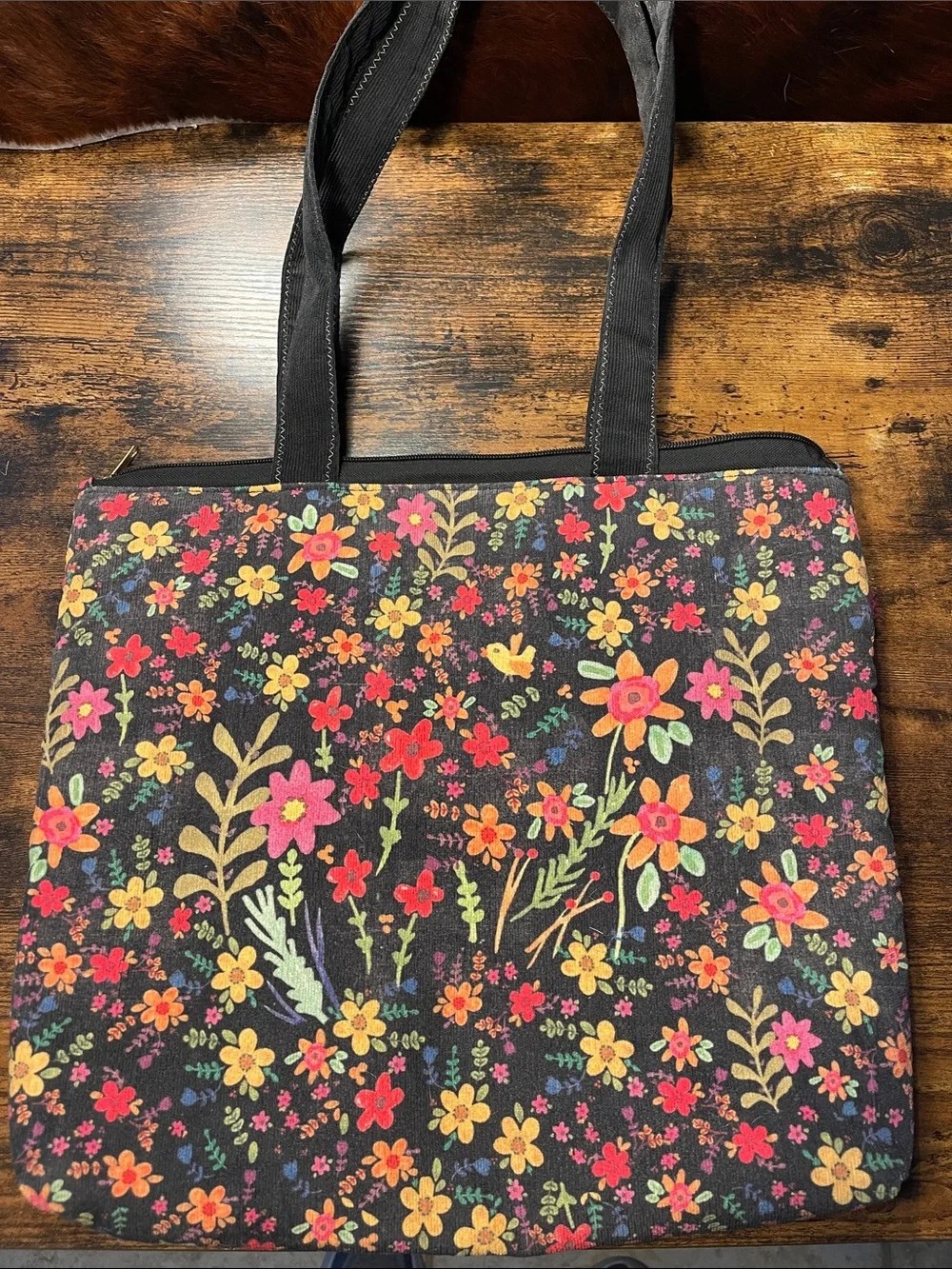 Natural Life Floral Canvas Padded Tote Bag with Tassel - Black Multi